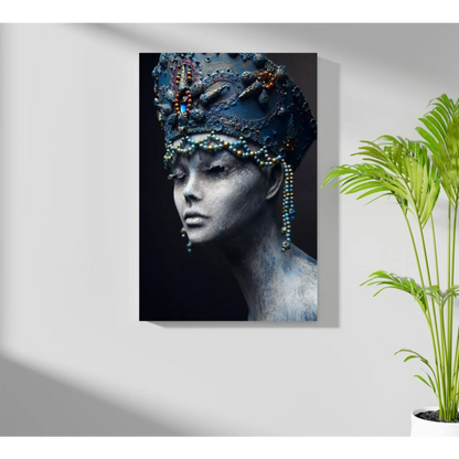 Regal woman in ornate dark blue crown on insigne aluminum print
