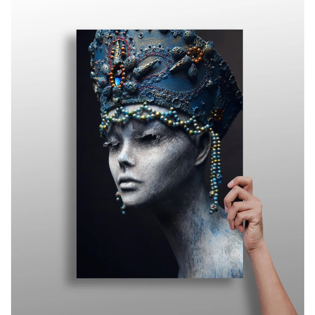 Striking regal beauty woman with silver face paint on insigne aluminum print