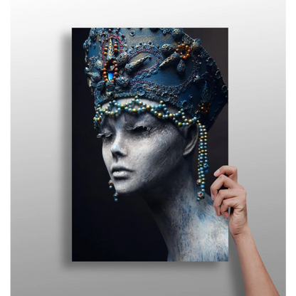 Striking regal beauty woman with silver face paint on insigne aluminum print