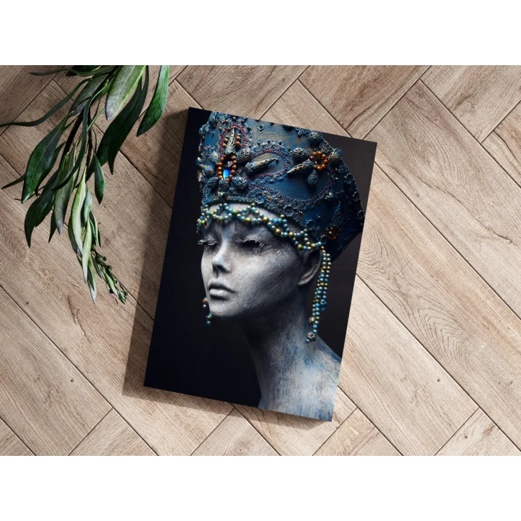 Striking woman in beaded crown on insigne aluminum print