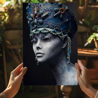 Striking woman in ornate blue gold headdress on insigne aluminum print