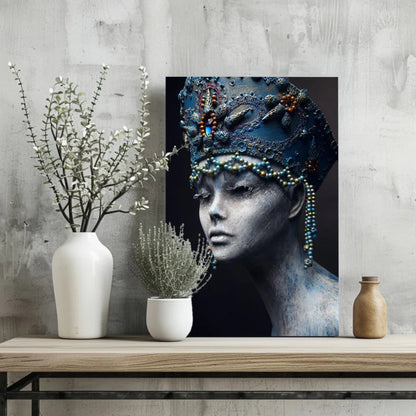 Striking black-and-white portrait of regal woman in beaded blue crown on insigne aluminum print