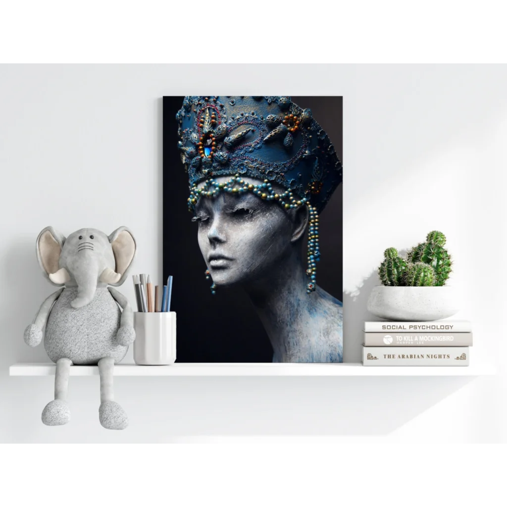 Striking black-and-white woman in jewel headdress on insigne aluminum print