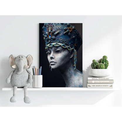 Striking black-and-white woman in jewel headdress on insigne aluminum print