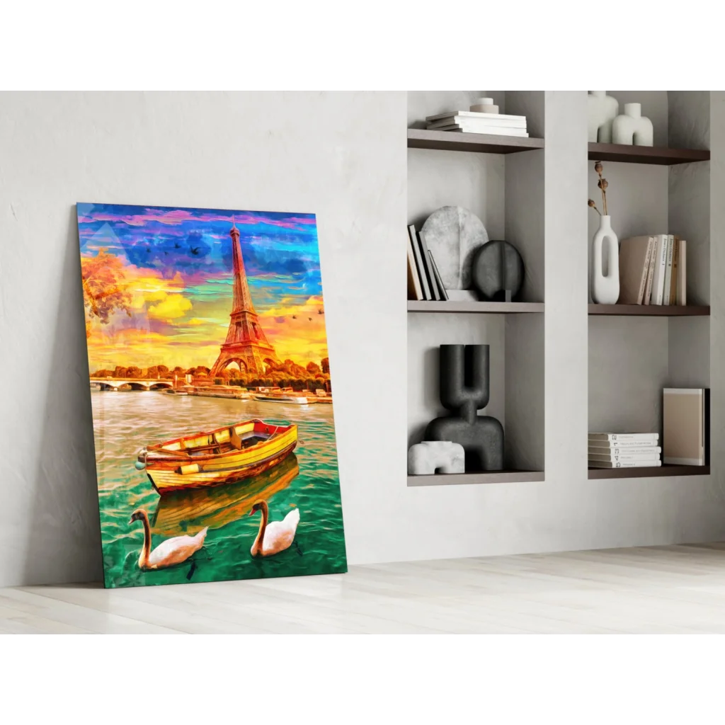 Eiffel Tower sunset canvas wall art with swans and boat