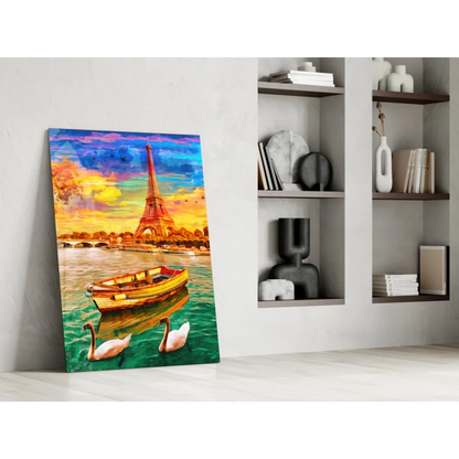 Eiffel Tower sunset canvas wall art with swans and boat