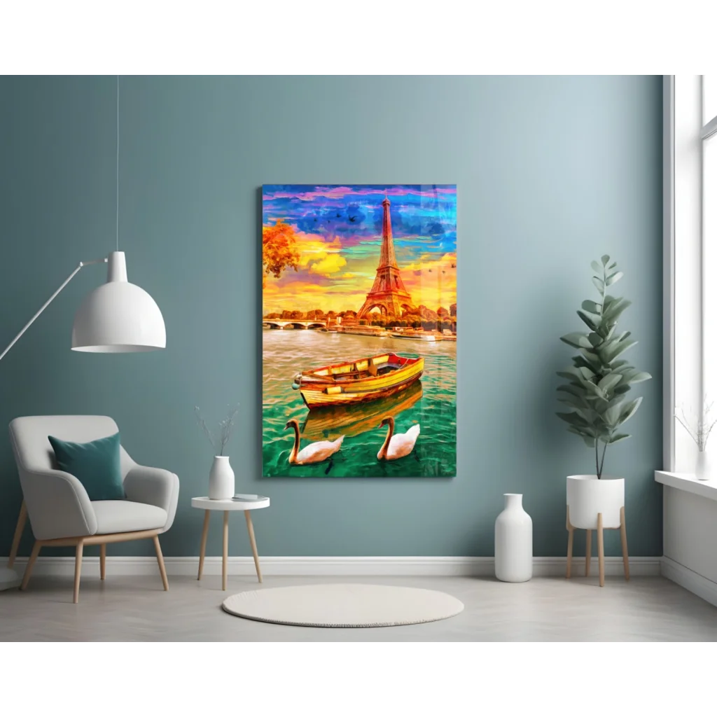Eiffel Tower Sunset Canvas Wall Art with Swans and Boat | Contemporary Home Wall Art | vintageantiquesgifts.com
