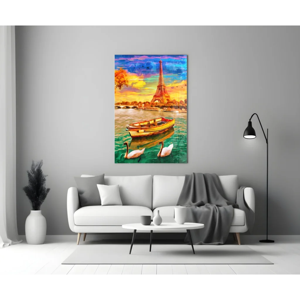 Eiffel Tower Sunset Canvas Wall Art with Swans and Boat | Modern Wall Art Decor | vintageantiquesgifts.com