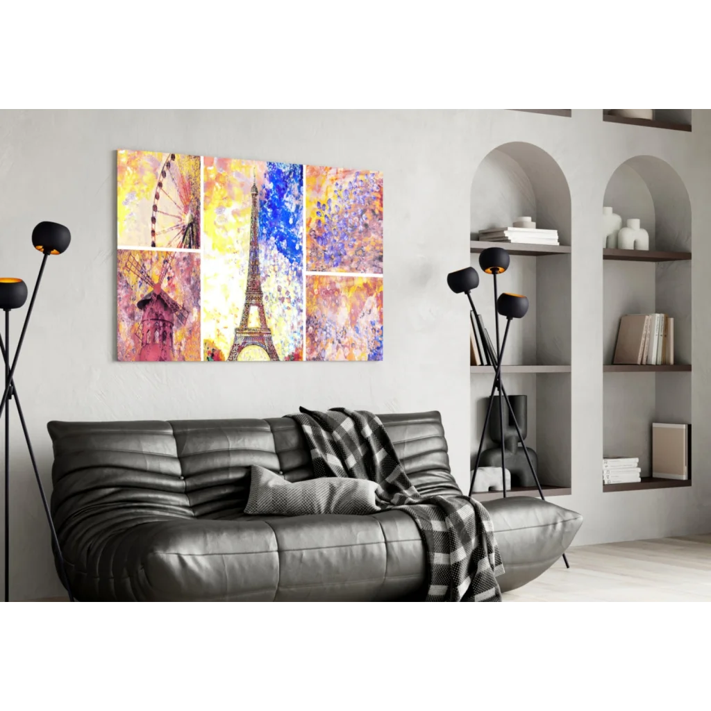 Vibrant Eiffel Tower ferris wheel windmill abstract wall art canvas
