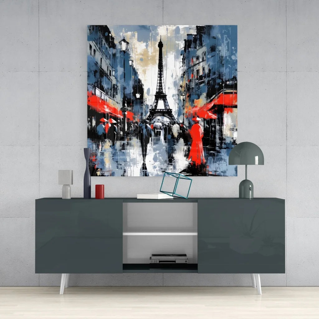 Abstract blue red Eiffel Tower Parisian street glass art on tempered glass