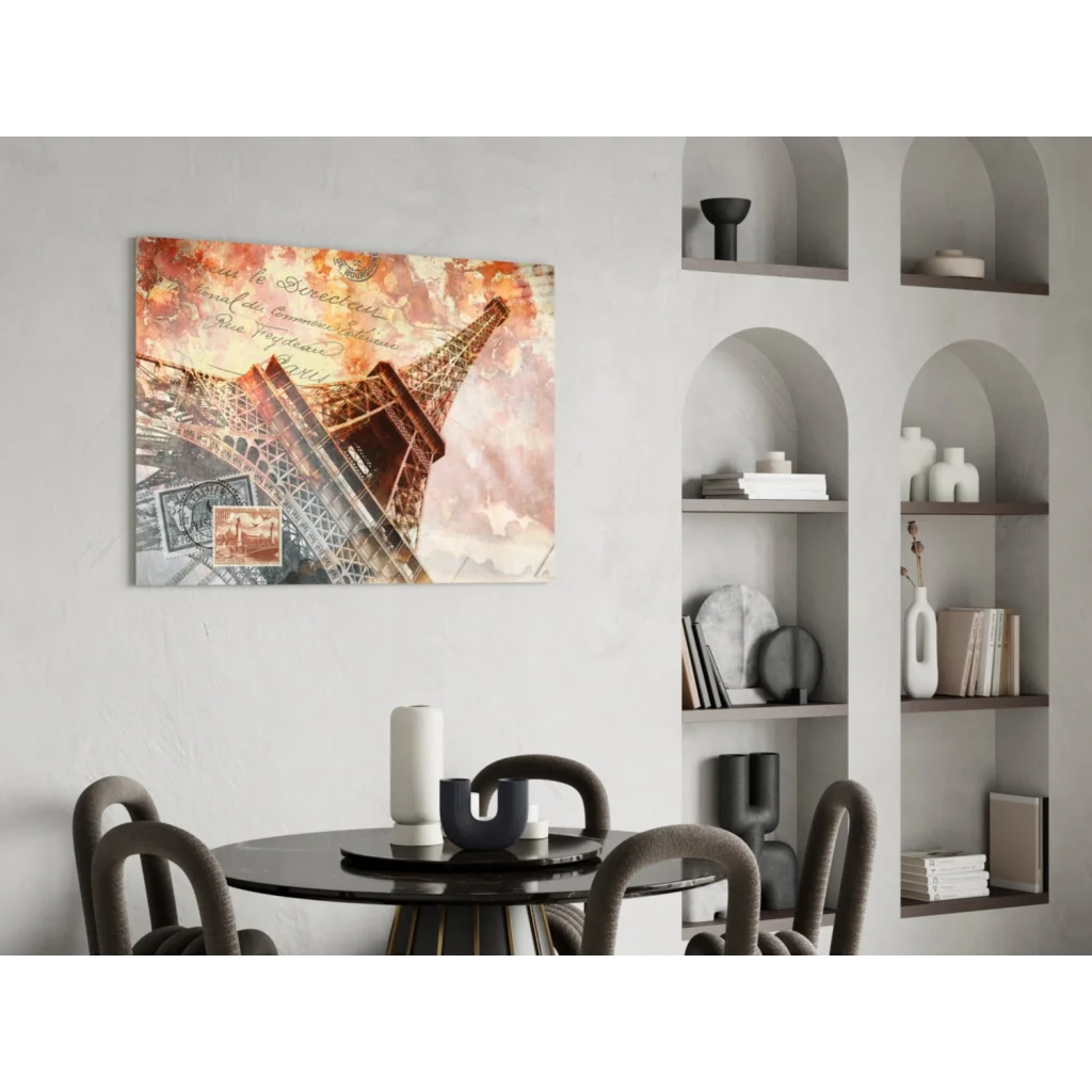 Vintage Eiffel Tower glass wall art print with warm skies