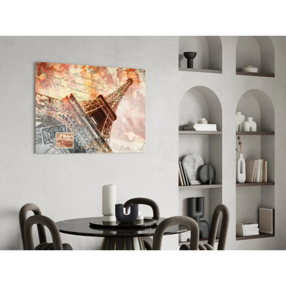 Vintage Eiffel Tower glass wall art print with warm skies