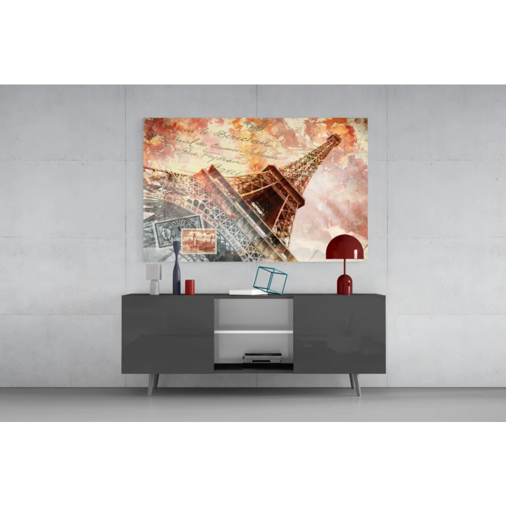 Stylized Eiffel Tower glass wall art print in sepia watercolor tones