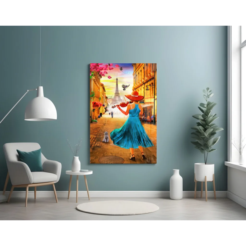 Parisian Violin Street Scene Canvas Wall Art with Eiffel Tower | Contemporary Home Wall Art | vintageantiquesgifts.com