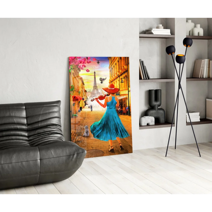 Vibrant Parisian violinist in blue dress on canvas wall art with Eiffel Tower