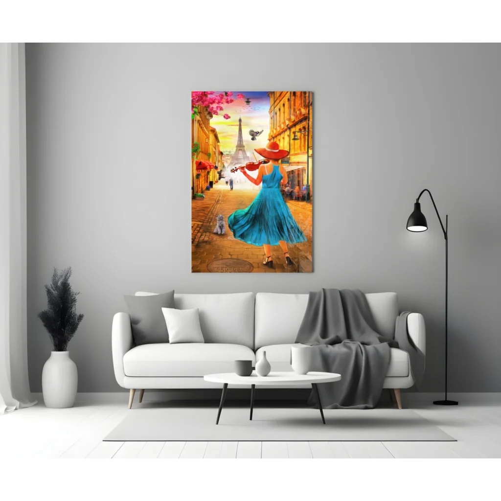 Parisian Violin Street Scene Canvas Wall Art with Eiffel Tower | Modern Wall Art Decor | vintageantiquesgifts.com