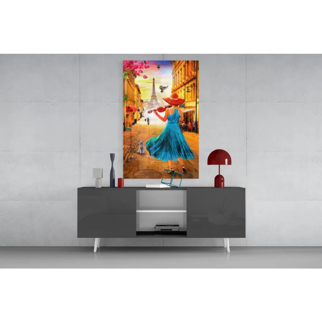 Vibrant Parisian violinist in blue dress on canvas wall art with Eiffel Tower view