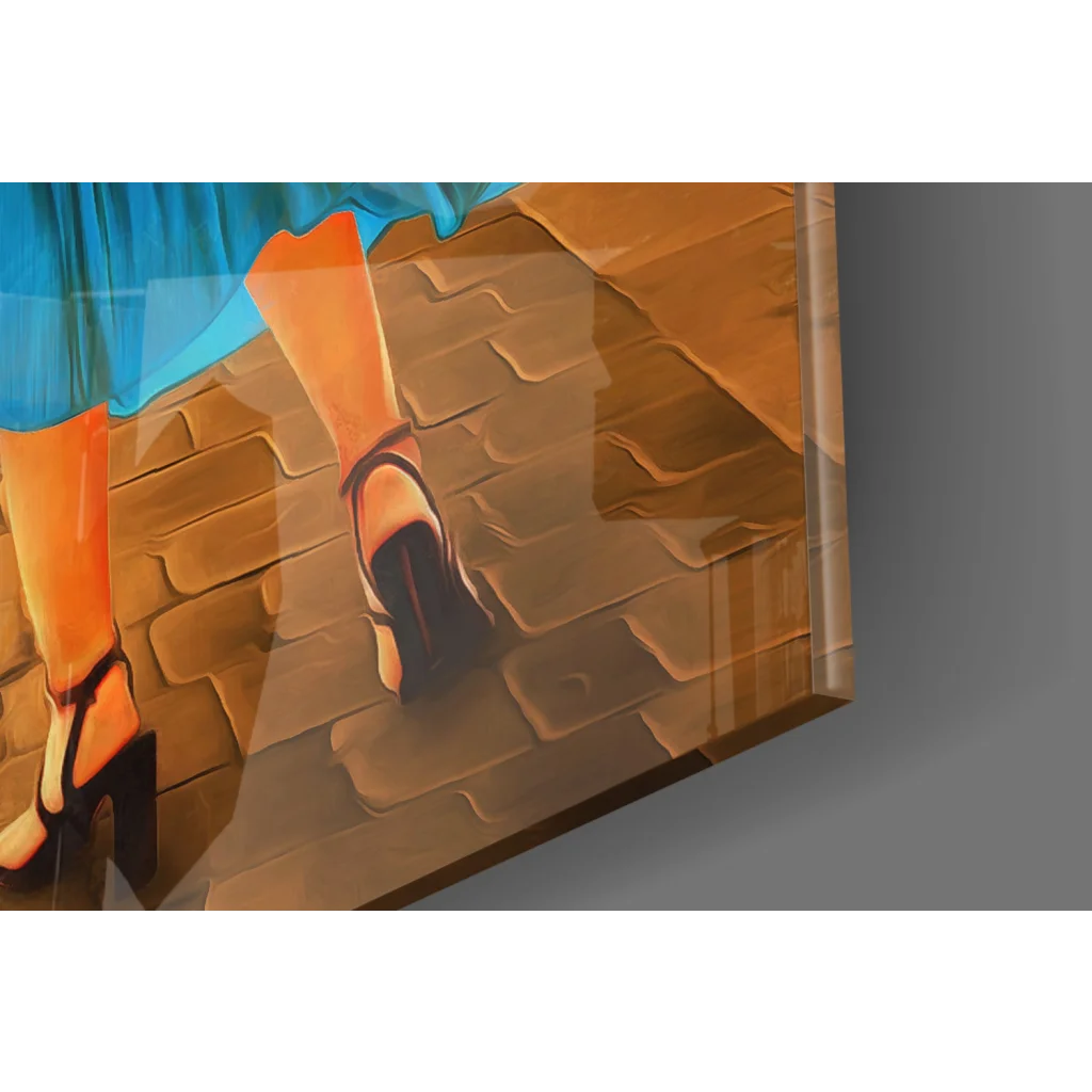 Vibrant Parisian woman in blue skirt and heels on stone, Eiffel violin wall art