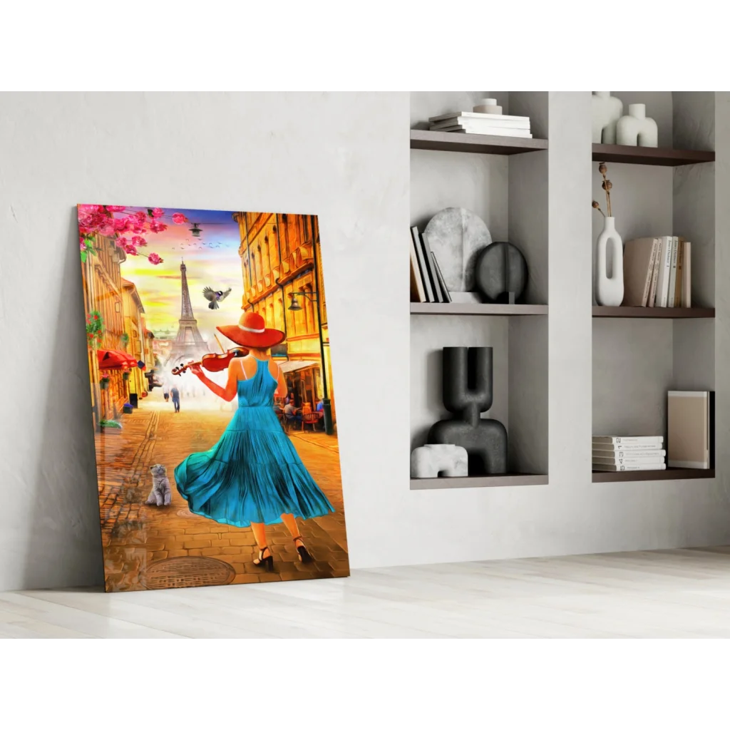 Vibrant woman in blue dress playing violin on Parisian street with Eiffel Tower wall art