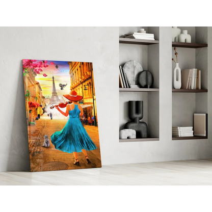Vibrant woman in blue dress playing violin on Parisian street with Eiffel Tower wall art