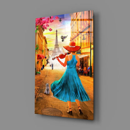 Parisian Violin Street Scene Canvas Wall Art with Eiffel Tower | Glass Wall Art Print | vintageantiquesgifts.com