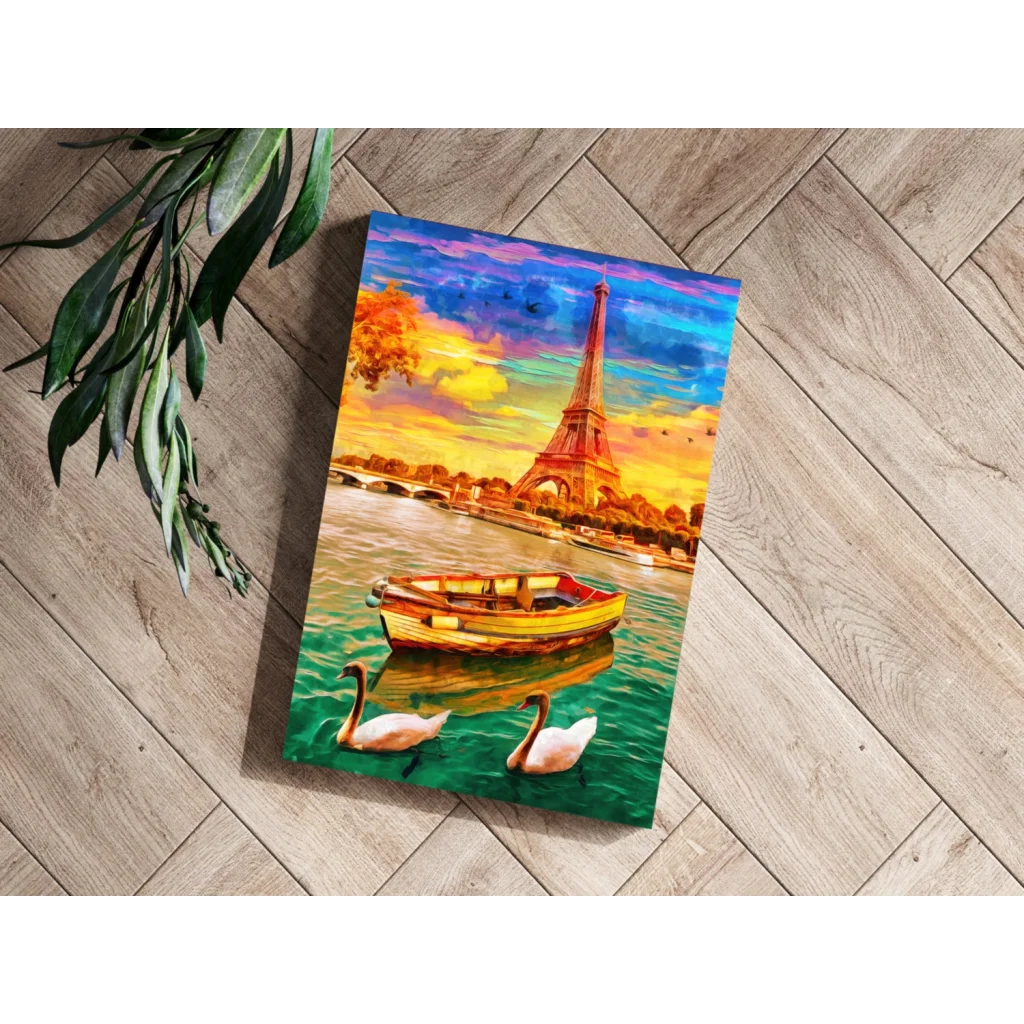 Eiffel Tower Sunset Insigne Aluminum Prints with Swans | Modern Wall Art Decor | vintageantiquesgifts.com