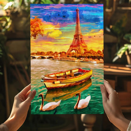 Vibrant Eiffel Tower sunset insigne aluminum print with swans