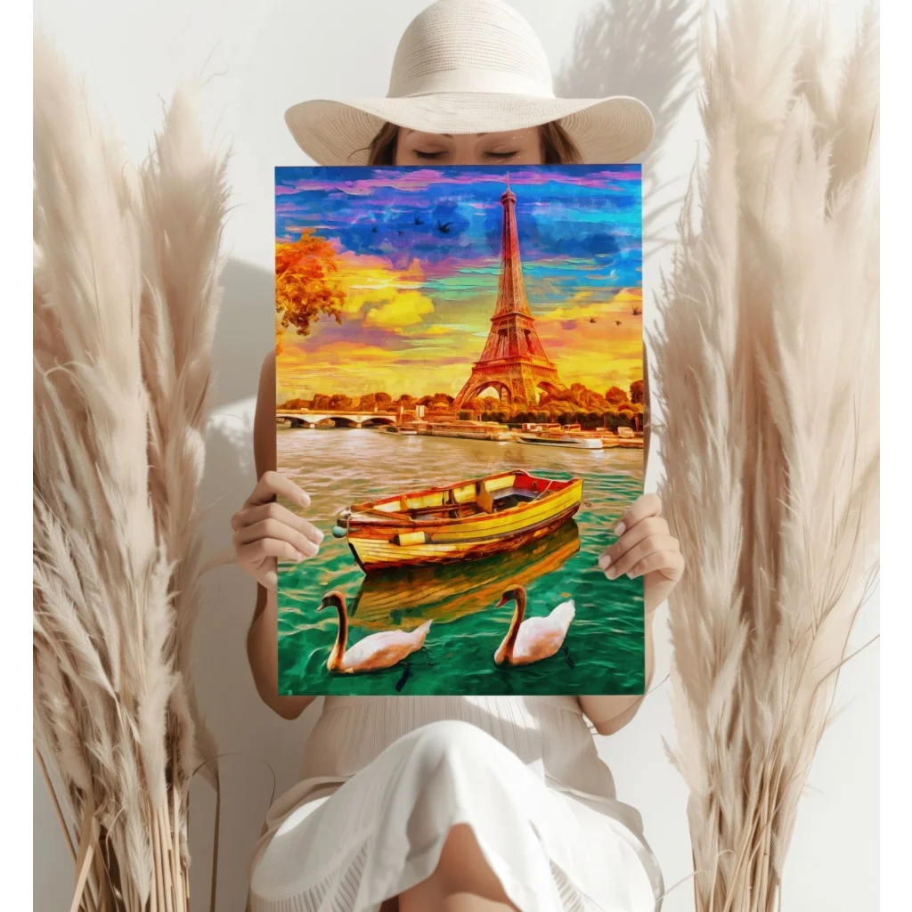Eiffel Tower Sunset Insigne Aluminum Prints with Swans | Contemporary Home Wall Art | vintageantiquesgifts.com