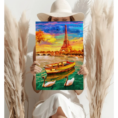 Eiffel Tower Sunset Insigne Aluminum Prints with Swans | Contemporary Home Wall Art | vintageantiquesgifts.com