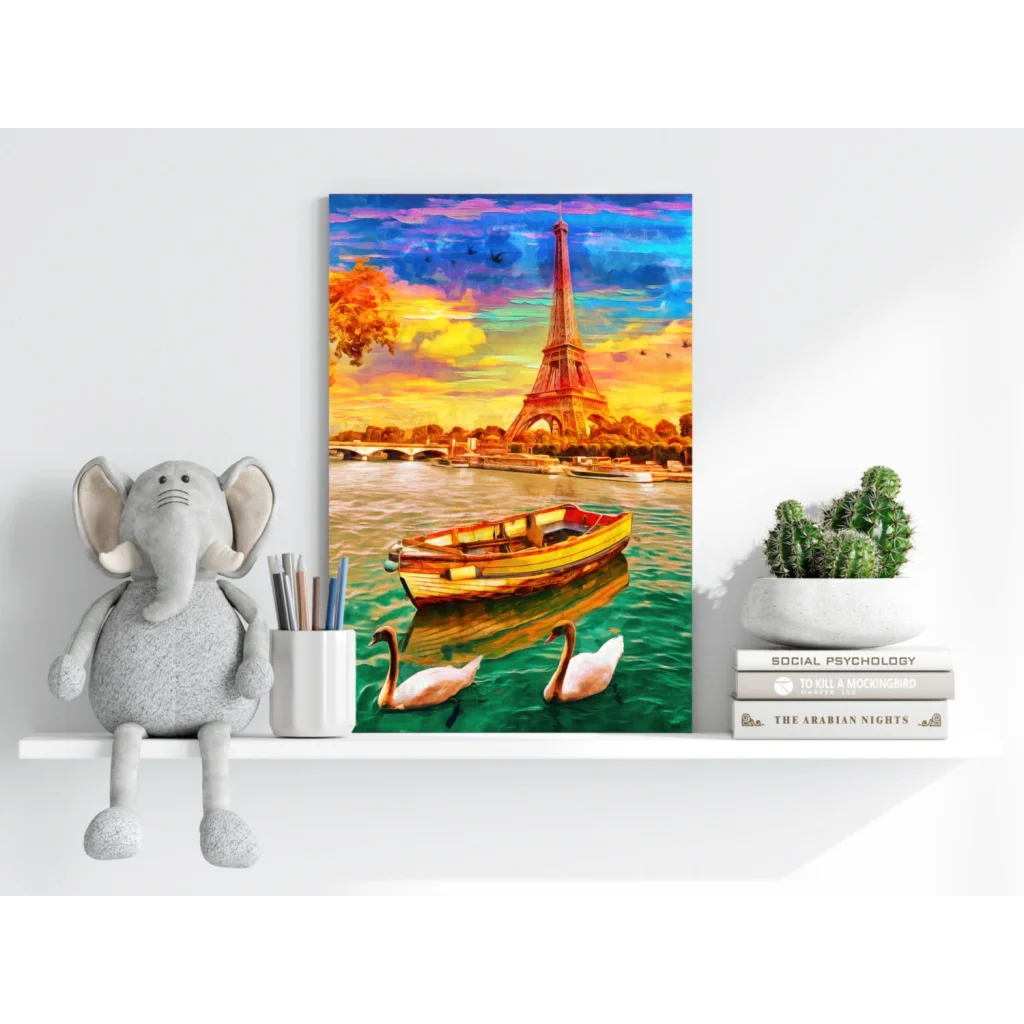 Vibrant Eiffel Tower sunset on insigne aluminum print with swans