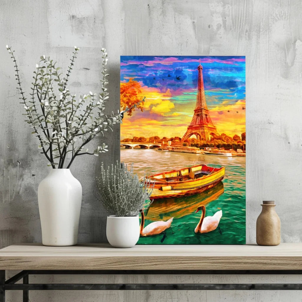 Eiffel Tower Sunset Insigne Aluminum Prints with Swans | Glass Wall Art Print | vintageantiquesgifts.com