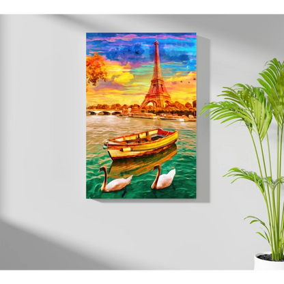 Vibrant Eiffel Tower sunset on insigne aluminum prints with swans