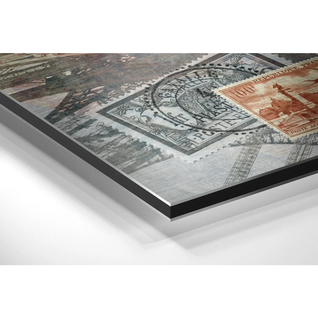 Vintage French Stamps on Brushed Aluminium Dibond Wall Art | Glass Wall Art Print | vintageantiquesgifts.com