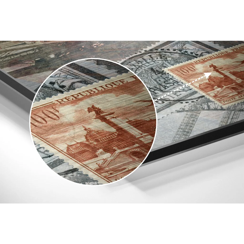 Vintage French Stamps on Brushed Aluminium Dibond Wall Art | Modern Wall Art Decor | vintageantiquesgifts.com