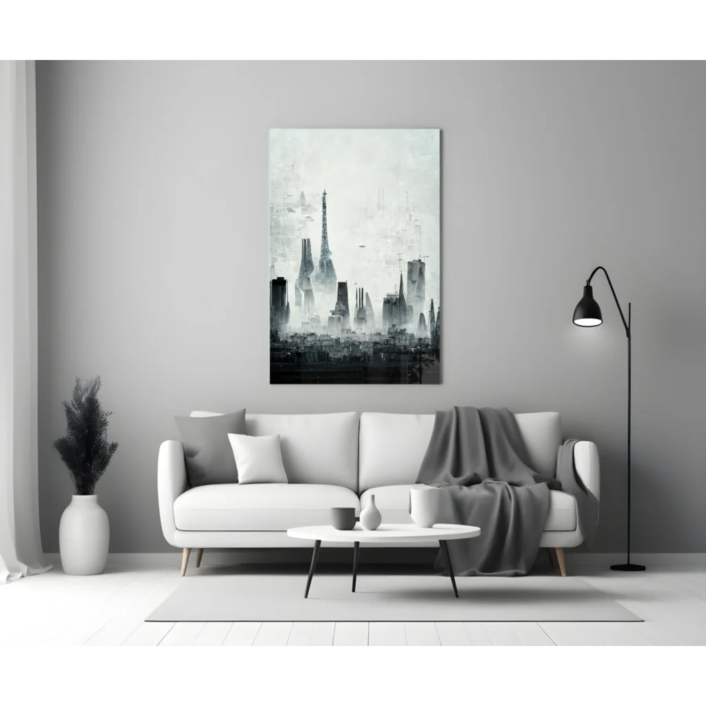 Minimalist Eiffel Tower glass wall art monochrome cityscape print on gray wall
