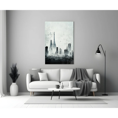 Minimalist Eiffel Tower glass wall art monochrome cityscape print on gray wall