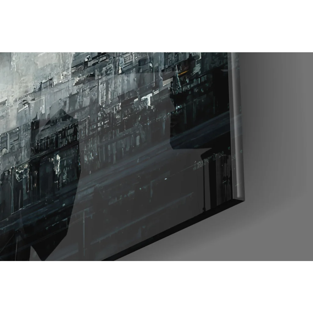 Sleek monochrome Eiffel Tower glass wall art with dark gray abstract texture