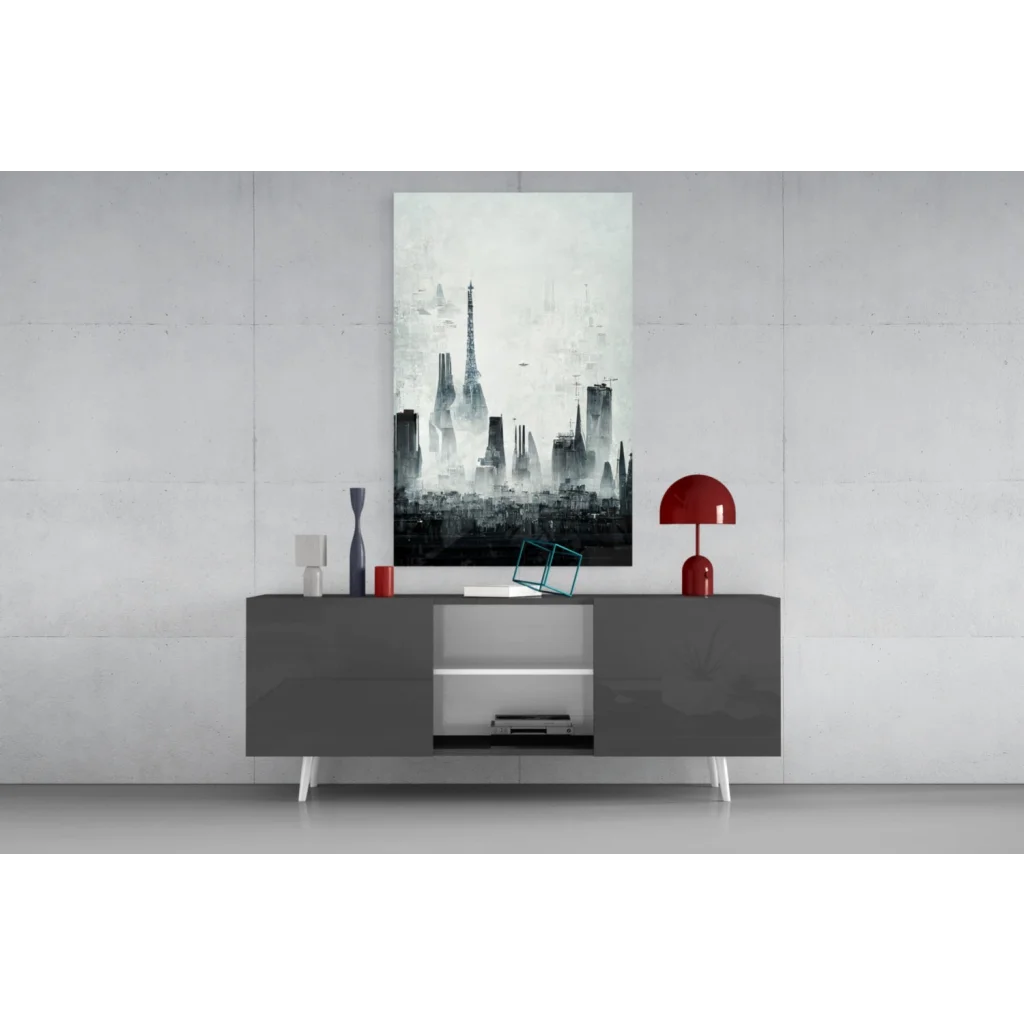 Sleek gray sideboard with white legs and glossy finish