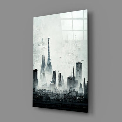 Sleek Eiffel Tower glass wall art in monochrome cityscape