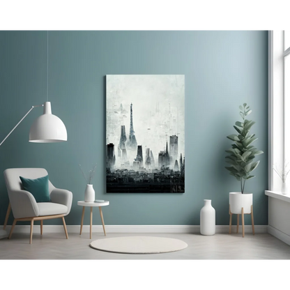 Black and white Eiffel Tower glass wall art with misty cityscape