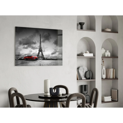 Paris Eiffel Tower red car black-and-white wall art canvas print