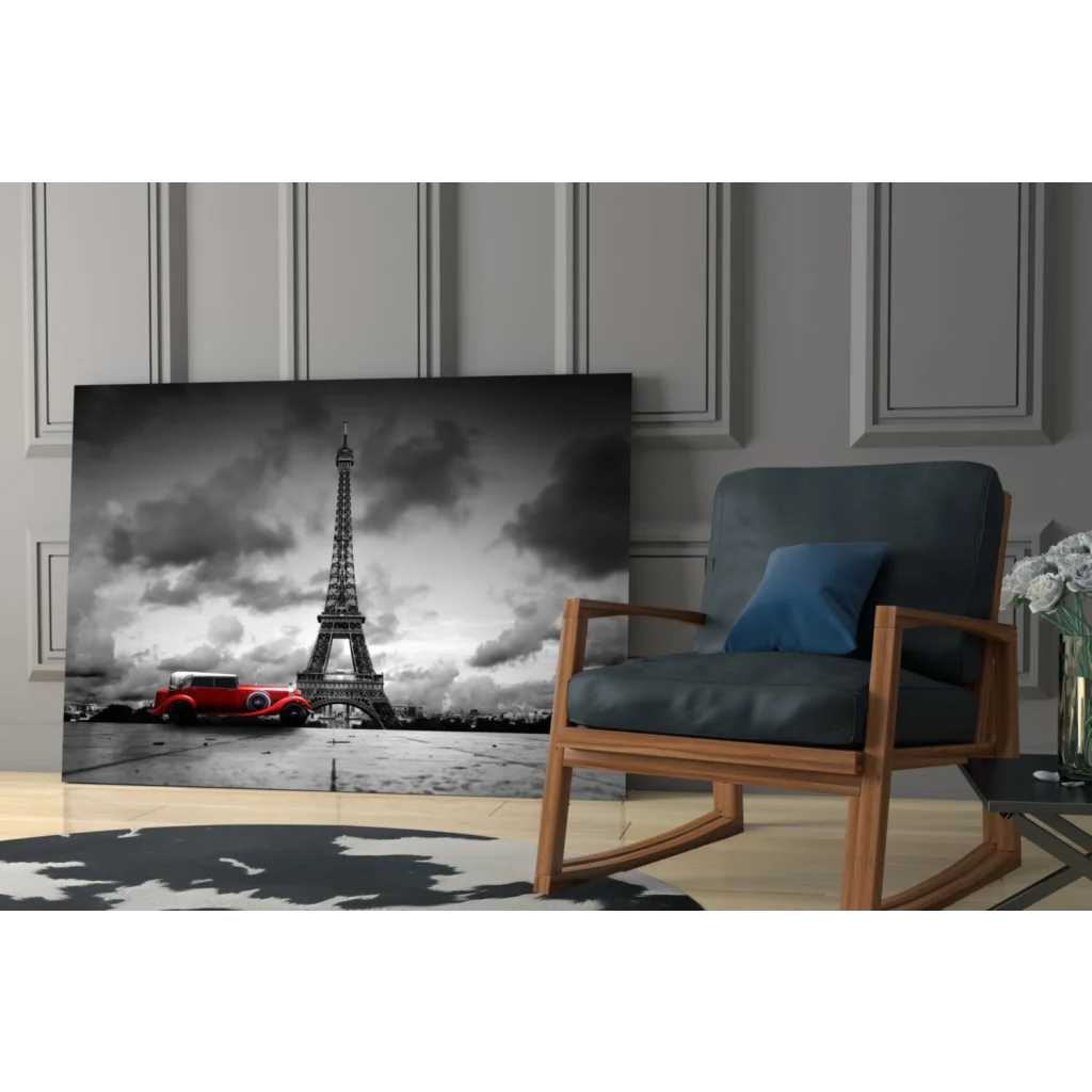 Black-and-white Eiffel Tower canvas wall art with red vintage car