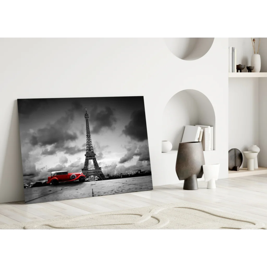 Black-and-white Eiffel Tower canvas wall art with red vintage car