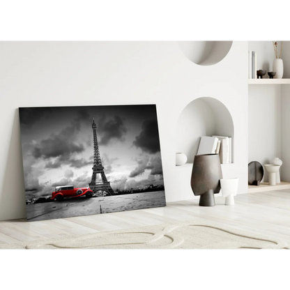 Black-and-white Eiffel Tower canvas wall art with red vintage car
