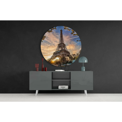 Eiffel Tower sunset tempered glass art with blossoms