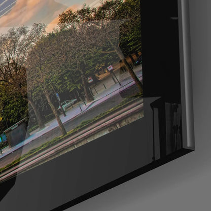 Eiffel Tower sunset glass wall art with cherry blossoms and bare trees