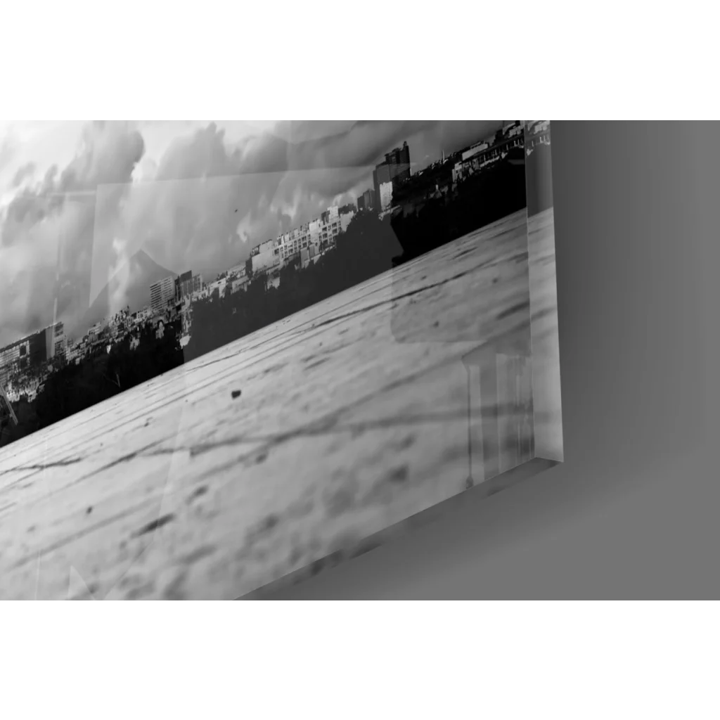 Black-and-white Paris Eiffel Tower glass wall art with cityscape smoke