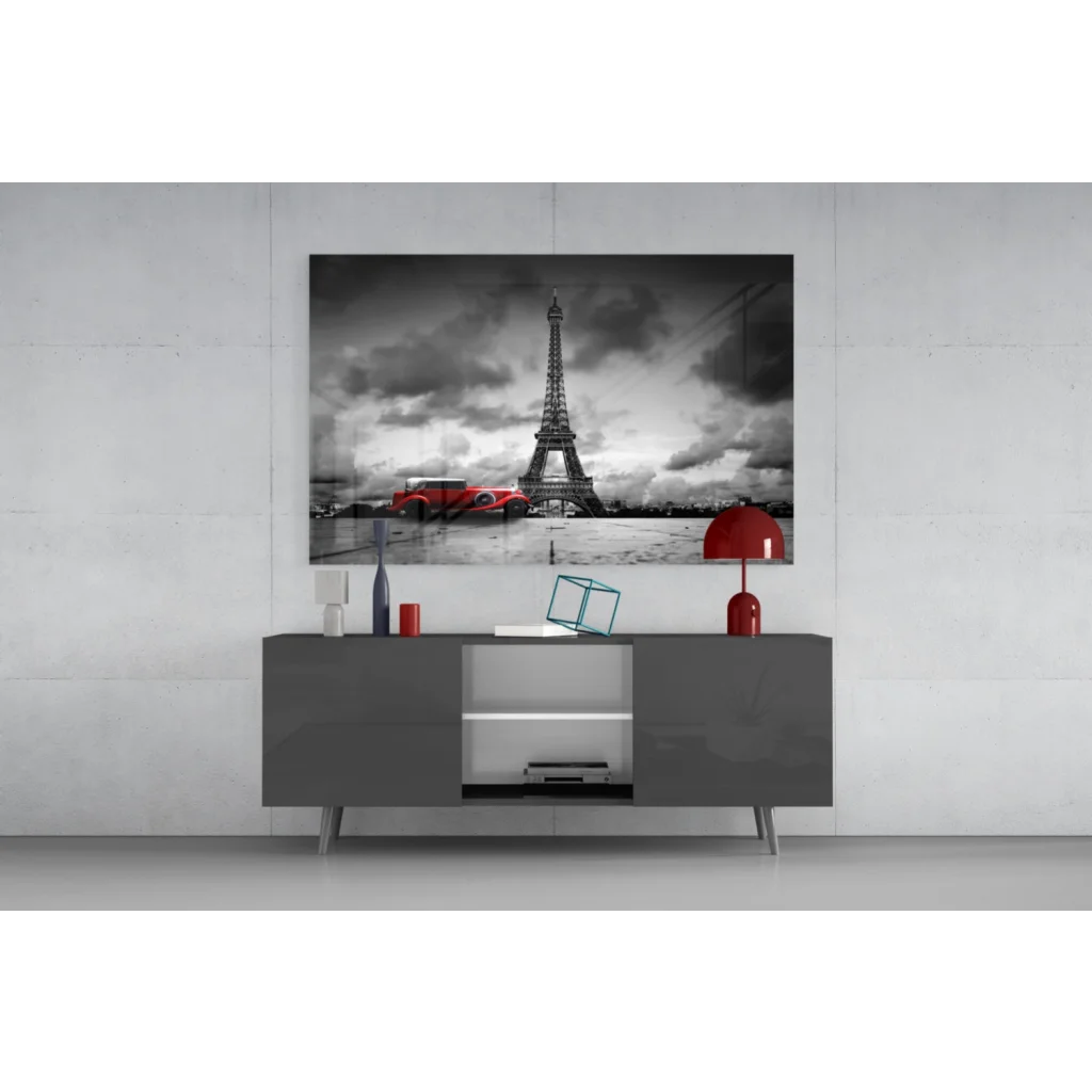 Black and white Eiffel Tower wall art with red car on canvas print
