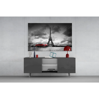 Black and white Eiffel Tower wall art with red car on canvas print