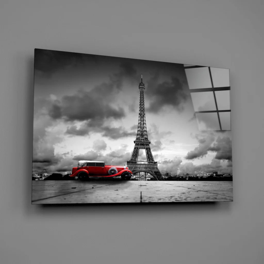 Paris Eiffel Tower red car black-and-white canvas wall art print